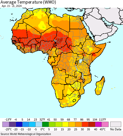 Africa Average Temperature (WMO) Thematic Map For 4/15/2024 - 4/21/2024
