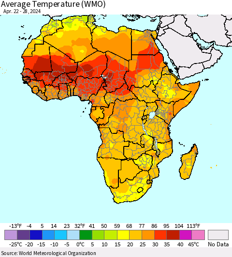 Africa Average Temperature (WMO) Thematic Map For 4/22/2024 - 4/28/2024