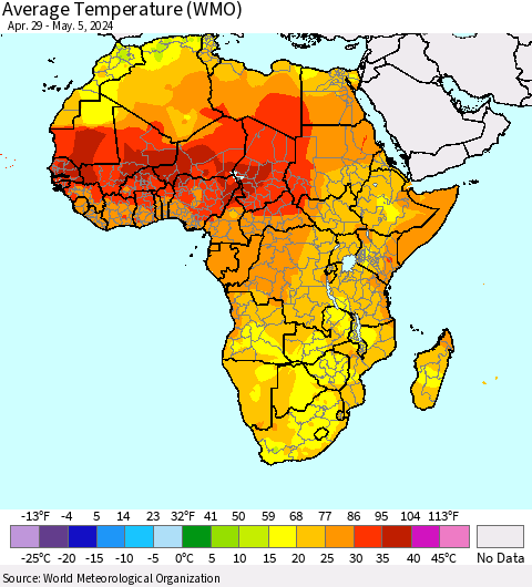 Africa Average Temperature (WMO) Thematic Map For 4/29/2024 - 5/5/2024