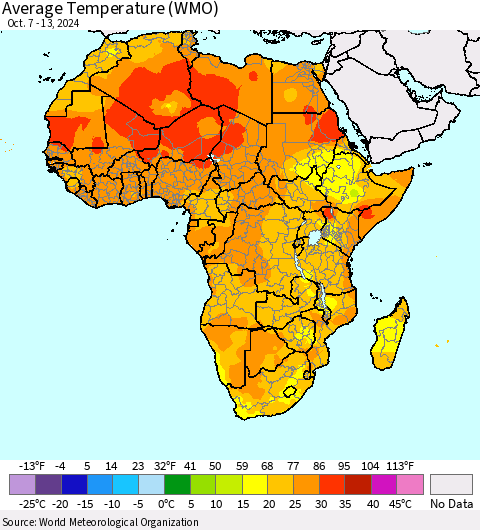Africa Average Temperature (WMO) Thematic Map For 10/7/2024 - 10/13/2024
