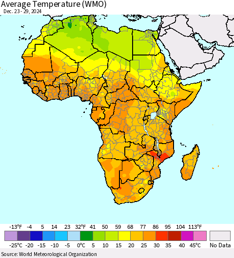 Africa Average Temperature (WMO) Thematic Map For 12/23/2024 - 12/29/2024