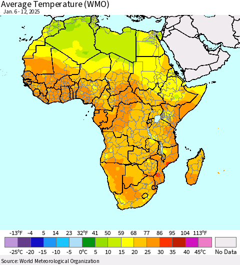 Africa Average Temperature (WMO) Thematic Map For 1/6/2025 - 1/12/2025