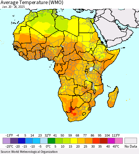 Africa Average Temperature (WMO) Thematic Map For 1/20/2025 - 1/26/2025