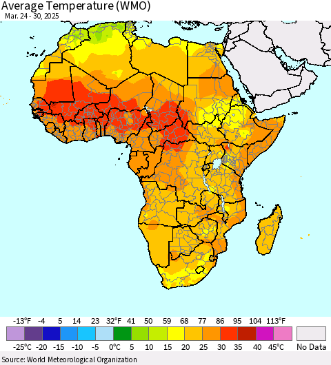 Africa Average Temperature (WMO) Thematic Map For 3/24/2025 - 3/30/2025