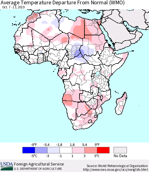 Africa Average Temperature Departure from Normal (WMO) Thematic Map For 10/7/2019 - 10/13/2019