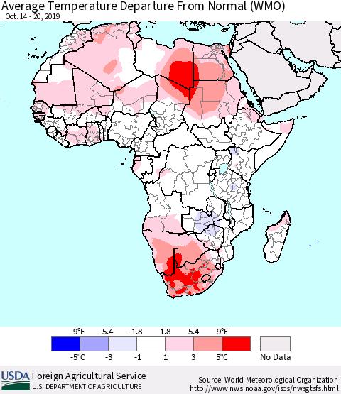 Africa Average Temperature Departure from Normal (WMO) Thematic Map For 10/14/2019 - 10/20/2019