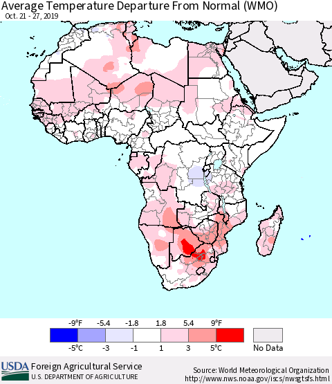 Africa Average Temperature Departure from Normal (WMO) Thematic Map For 10/21/2019 - 10/27/2019