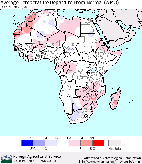 Africa Average Temperature Departure from Normal (WMO) Thematic Map For 10/28/2019 - 11/3/2019