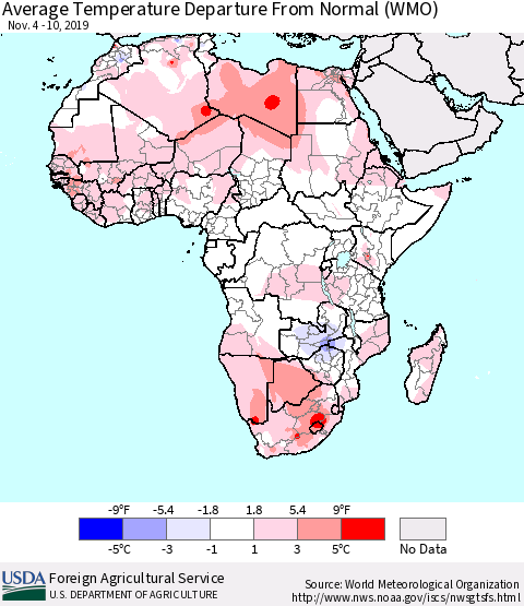 Africa Average Temperature Departure from Normal (WMO) Thematic Map For 11/4/2019 - 11/10/2019