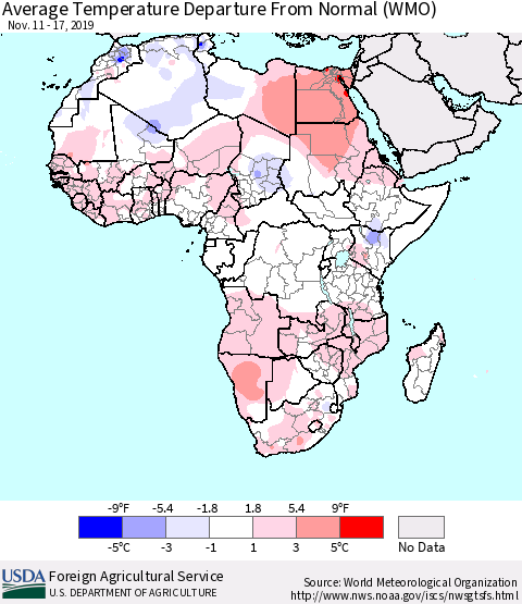 Africa Average Temperature Departure from Normal (WMO) Thematic Map For 11/11/2019 - 11/17/2019