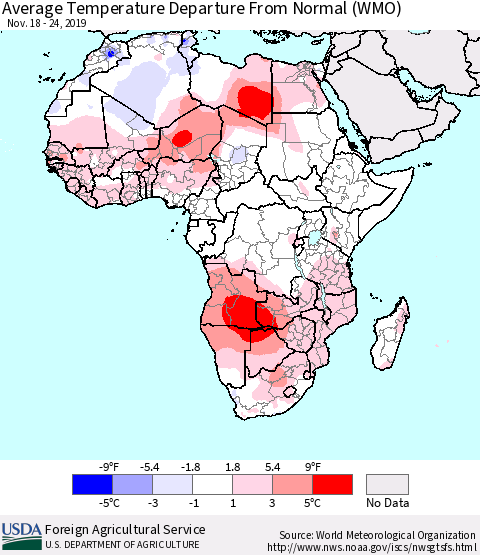 Africa Average Temperature Departure from Normal (WMO) Thematic Map For 11/18/2019 - 11/24/2019