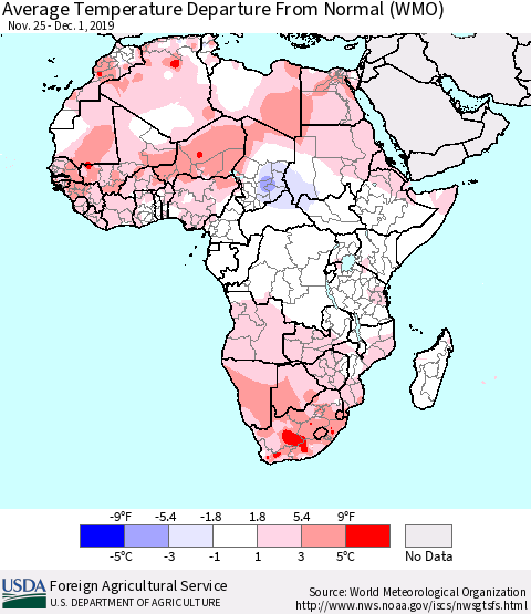 Africa Average Temperature Departure from Normal (WMO) Thematic Map For 11/25/2019 - 12/1/2019
