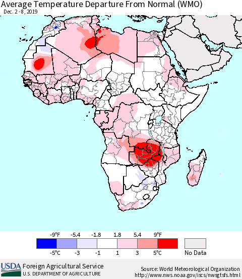 Africa Average Temperature Departure from Normal (WMO) Thematic Map For 12/2/2019 - 12/8/2019
