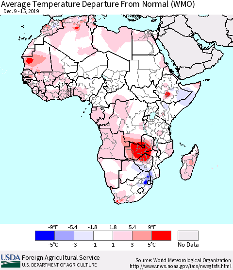 Africa Average Temperature Departure from Normal (WMO) Thematic Map For 12/9/2019 - 12/15/2019