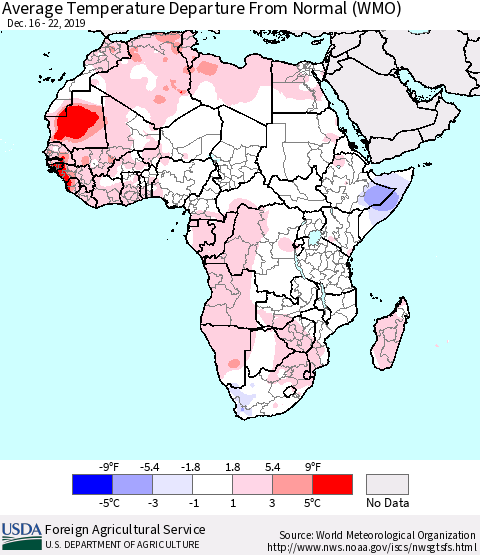 Africa Average Temperature Departure from Normal (WMO) Thematic Map For 12/16/2019 - 12/22/2019