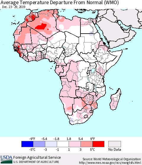 Africa Average Temperature Departure from Normal (WMO) Thematic Map For 12/23/2019 - 12/29/2019