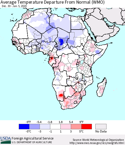 Africa Average Temperature Departure from Normal (WMO) Thematic Map For 12/30/2019 - 1/5/2020