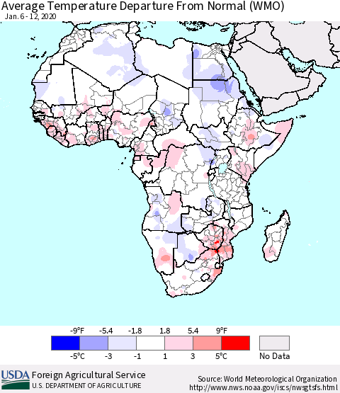 Africa Average Temperature Departure from Normal (WMO) Thematic Map For 1/6/2020 - 1/12/2020