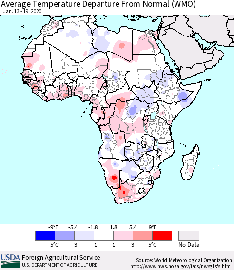 Africa Average Temperature Departure from Normal (WMO) Thematic Map For 1/13/2020 - 1/19/2020