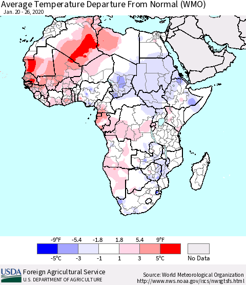Africa Average Temperature Departure from Normal (WMO) Thematic Map For 1/20/2020 - 1/26/2020