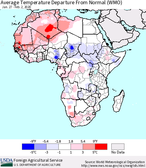 Africa Average Temperature Departure from Normal (WMO) Thematic Map For 1/27/2020 - 2/2/2020