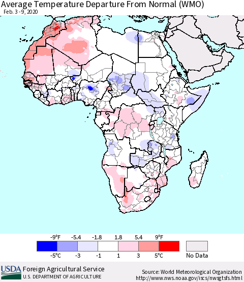 Africa Average Temperature Departure from Normal (WMO) Thematic Map For 2/3/2020 - 2/9/2020
