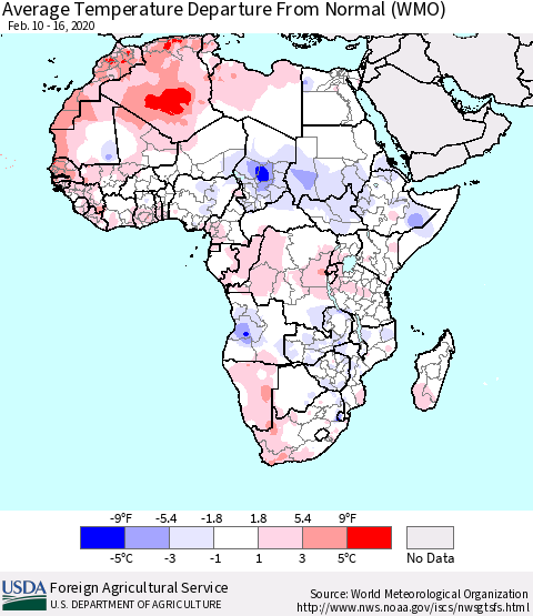 Africa Average Temperature Departure from Normal (WMO) Thematic Map For 2/10/2020 - 2/16/2020