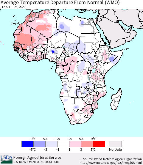 Africa Average Temperature Departure from Normal (WMO) Thematic Map For 2/17/2020 - 2/23/2020