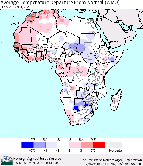 Africa Average Temperature Departure from Normal (WMO) Thematic Map For 2/24/2020 - 3/1/2020