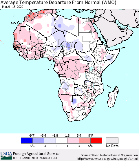 Africa Average Temperature Departure from Normal (WMO) Thematic Map For 3/9/2020 - 3/15/2020