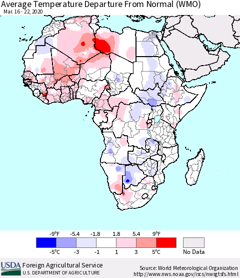 Africa Average Temperature Departure from Normal (WMO) Thematic Map For 3/16/2020 - 3/22/2020