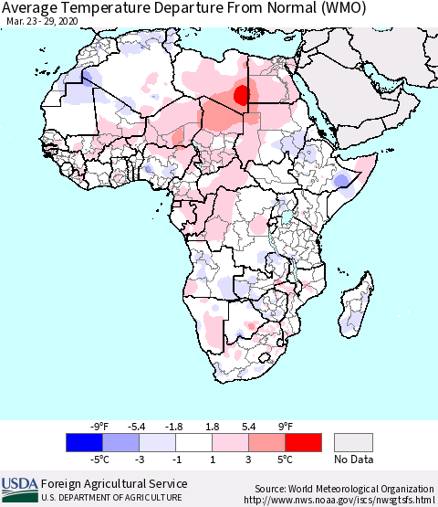 Africa Average Temperature Departure from Normal (WMO) Thematic Map For 3/23/2020 - 3/29/2020