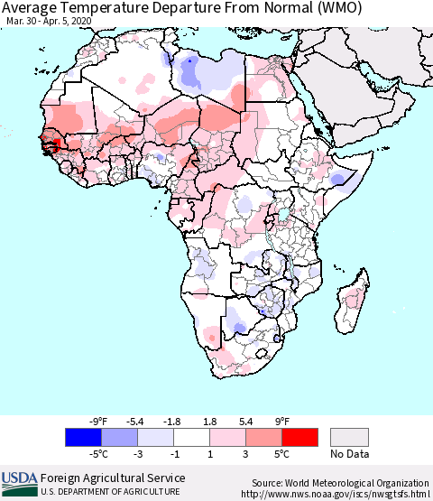 Africa Average Temperature Departure from Normal (WMO) Thematic Map For 3/30/2020 - 4/5/2020