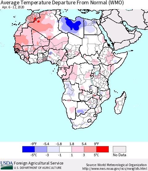 Africa Average Temperature Departure from Normal (WMO) Thematic Map For 4/6/2020 - 4/12/2020