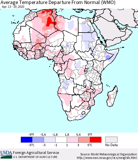 Africa Average Temperature Departure from Normal (WMO) Thematic Map For 4/13/2020 - 4/19/2020