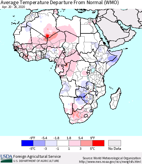 Africa Average Temperature Departure from Normal (WMO) Thematic Map For 4/20/2020 - 4/26/2020
