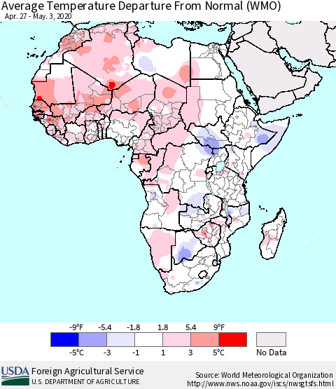 Africa Average Temperature Departure from Normal (WMO) Thematic Map For 4/27/2020 - 5/3/2020