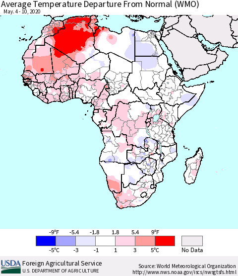 Africa Average Temperature Departure from Normal (WMO) Thematic Map For 5/4/2020 - 5/10/2020