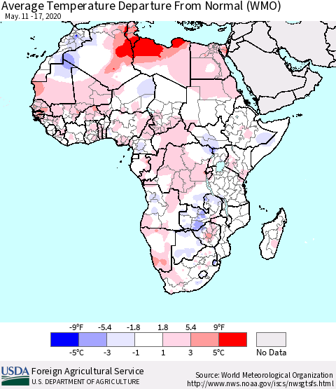 Africa Average Temperature Departure from Normal (WMO) Thematic Map For 5/11/2020 - 5/17/2020