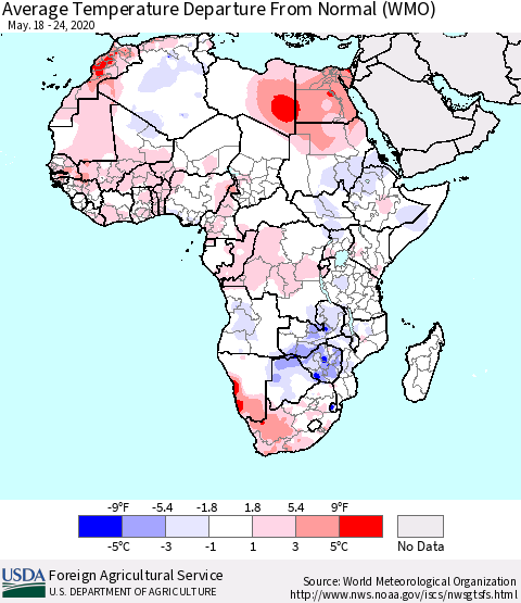 Africa Average Temperature Departure from Normal (WMO) Thematic Map For 5/18/2020 - 5/24/2020