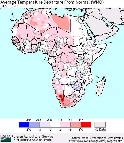 Africa Average Temperature Departure from Normal (WMO) Thematic Map For 6/1/2020 - 6/7/2020