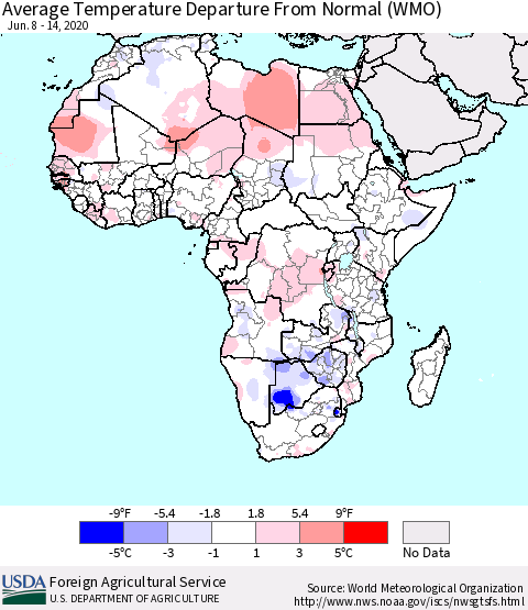 Africa Average Temperature Departure from Normal (WMO) Thematic Map For 6/8/2020 - 6/14/2020
