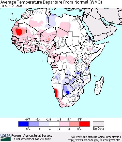 Africa Average Temperature Departure from Normal (WMO) Thematic Map For 6/15/2020 - 6/21/2020
