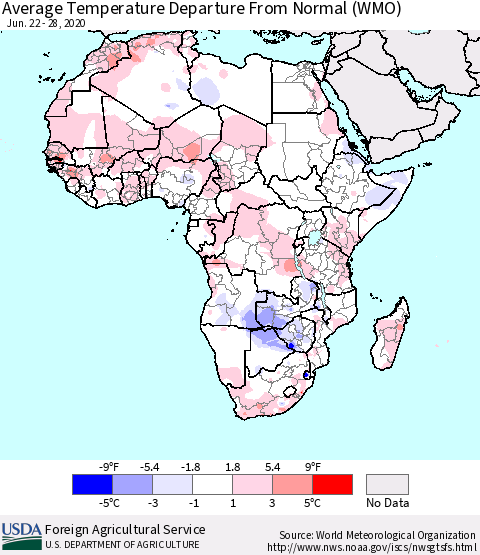 Africa Average Temperature Departure from Normal (WMO) Thematic Map For 6/22/2020 - 6/28/2020