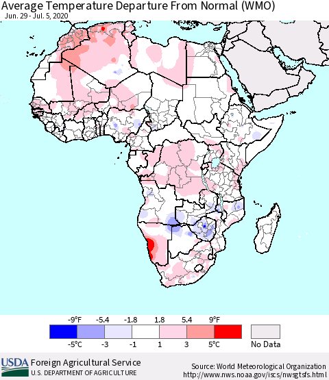 Africa Average Temperature Departure from Normal (WMO) Thematic Map For 6/29/2020 - 7/5/2020