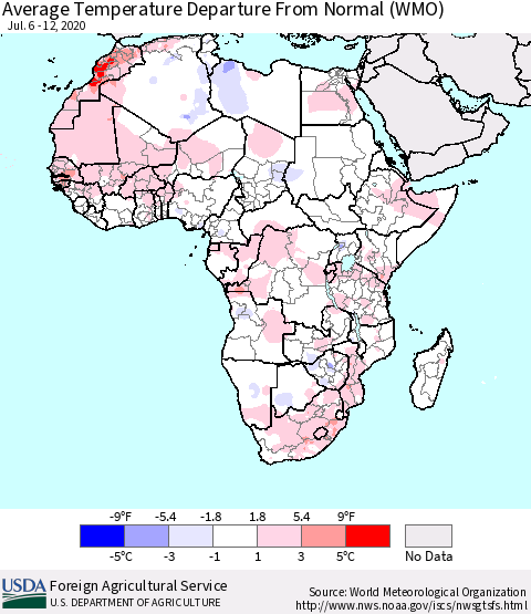 Africa Average Temperature Departure from Normal (WMO) Thematic Map For 7/6/2020 - 7/12/2020