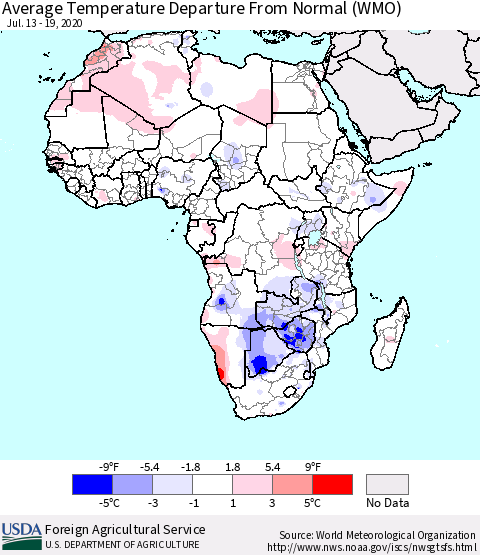 Africa Average Temperature Departure from Normal (WMO) Thematic Map For 7/13/2020 - 7/19/2020