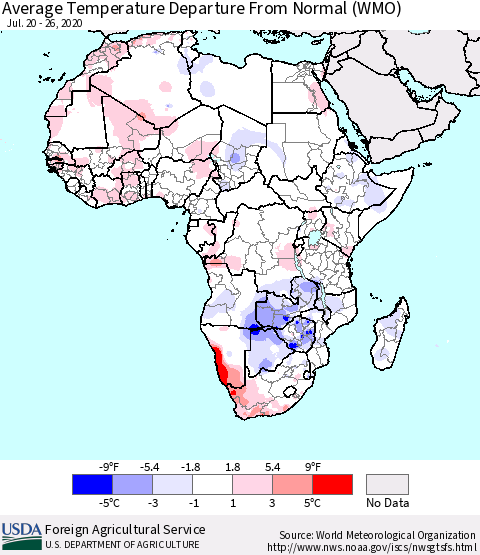 Africa Average Temperature Departure from Normal (WMO) Thematic Map For 7/20/2020 - 7/26/2020