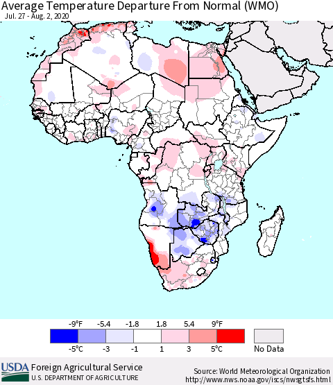 Africa Average Temperature Departure from Normal (WMO) Thematic Map For 7/27/2020 - 8/2/2020