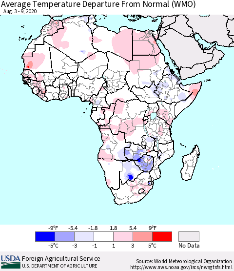 Africa Average Temperature Departure from Normal (WMO) Thematic Map For 8/3/2020 - 8/9/2020